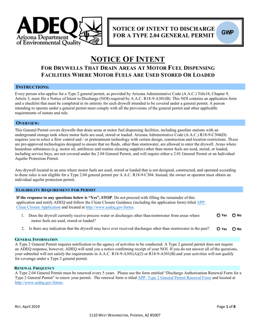 Notice of Intent to Discharge for a Type 2.04 General Permit - Arizona Download Pdf