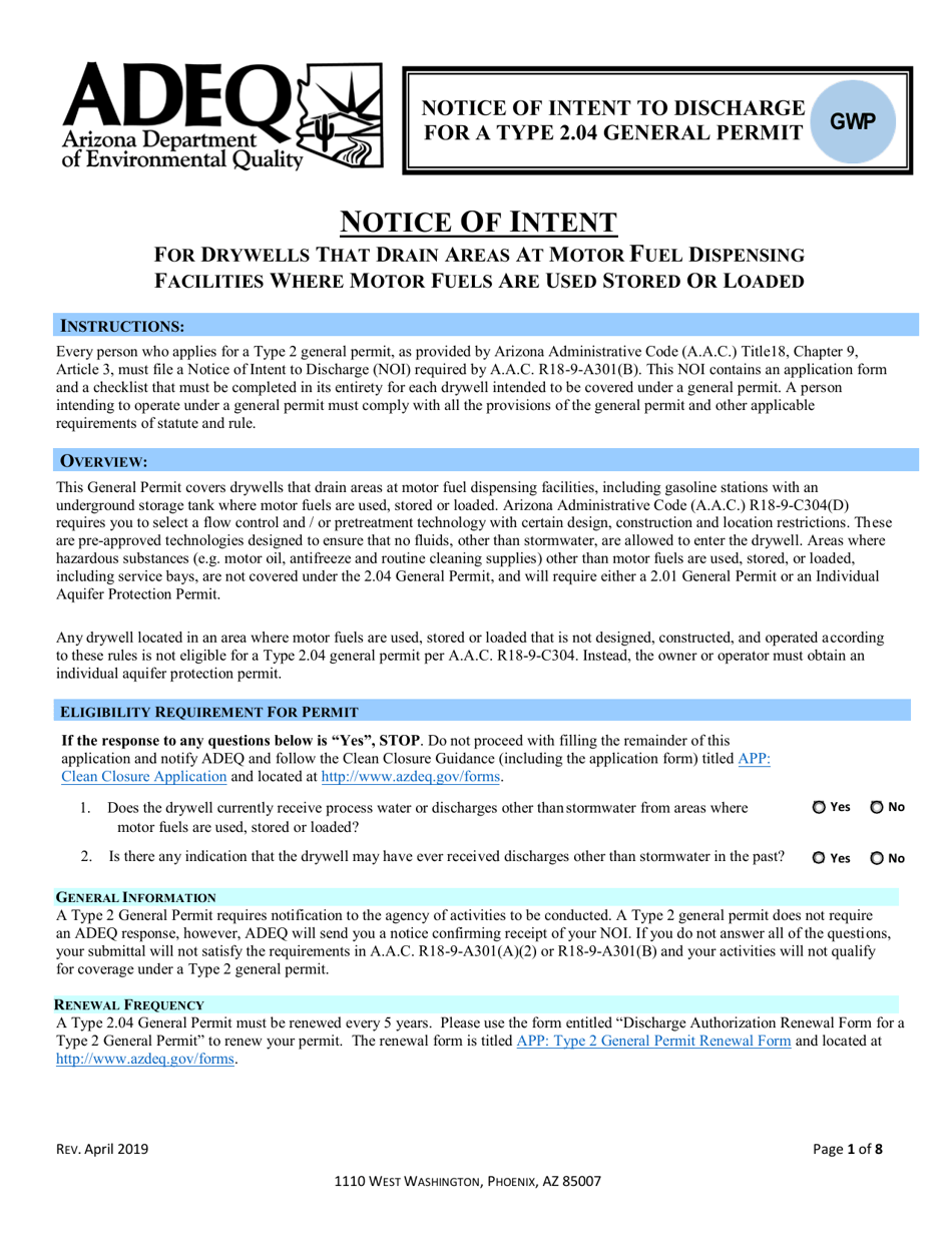 Notice of Intent to Discharge for a Type 2.04 General Permit - Arizona, Page 1