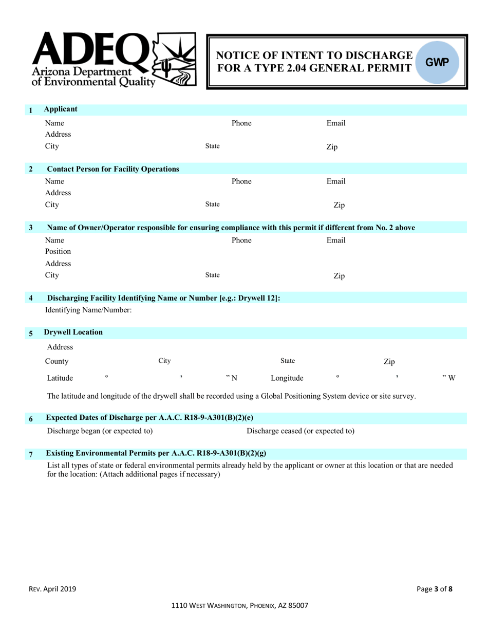 Notice of Intent to Discharge for a Type 2.04 General Permit - Arizona, Page 3