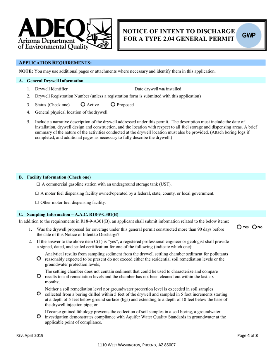 Notice of Intent to Discharge for a Type 2.04 General Permit - Arizona, Page 4