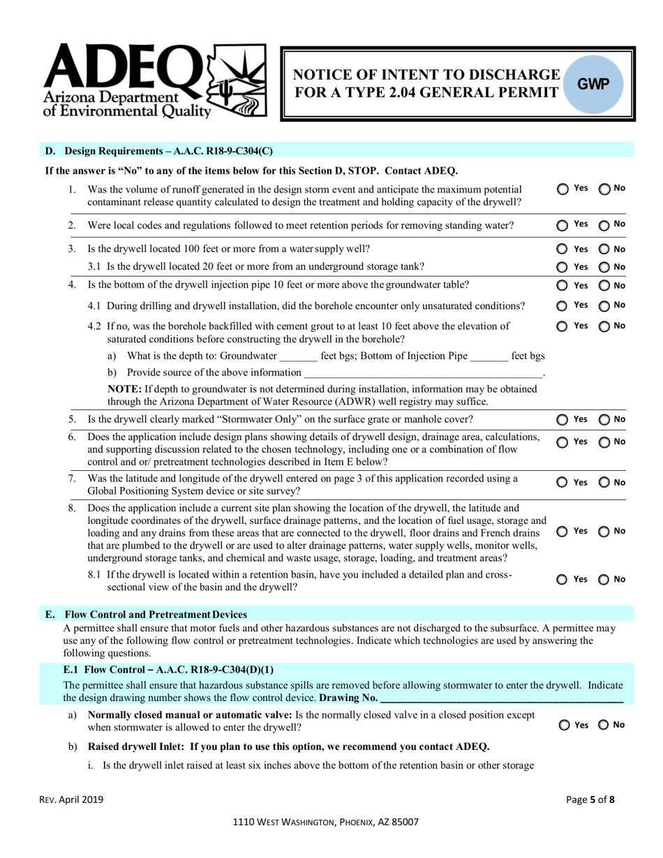 Notice of Intent to Discharge for a Type 2.04 General Permit - Arizona, Page 5