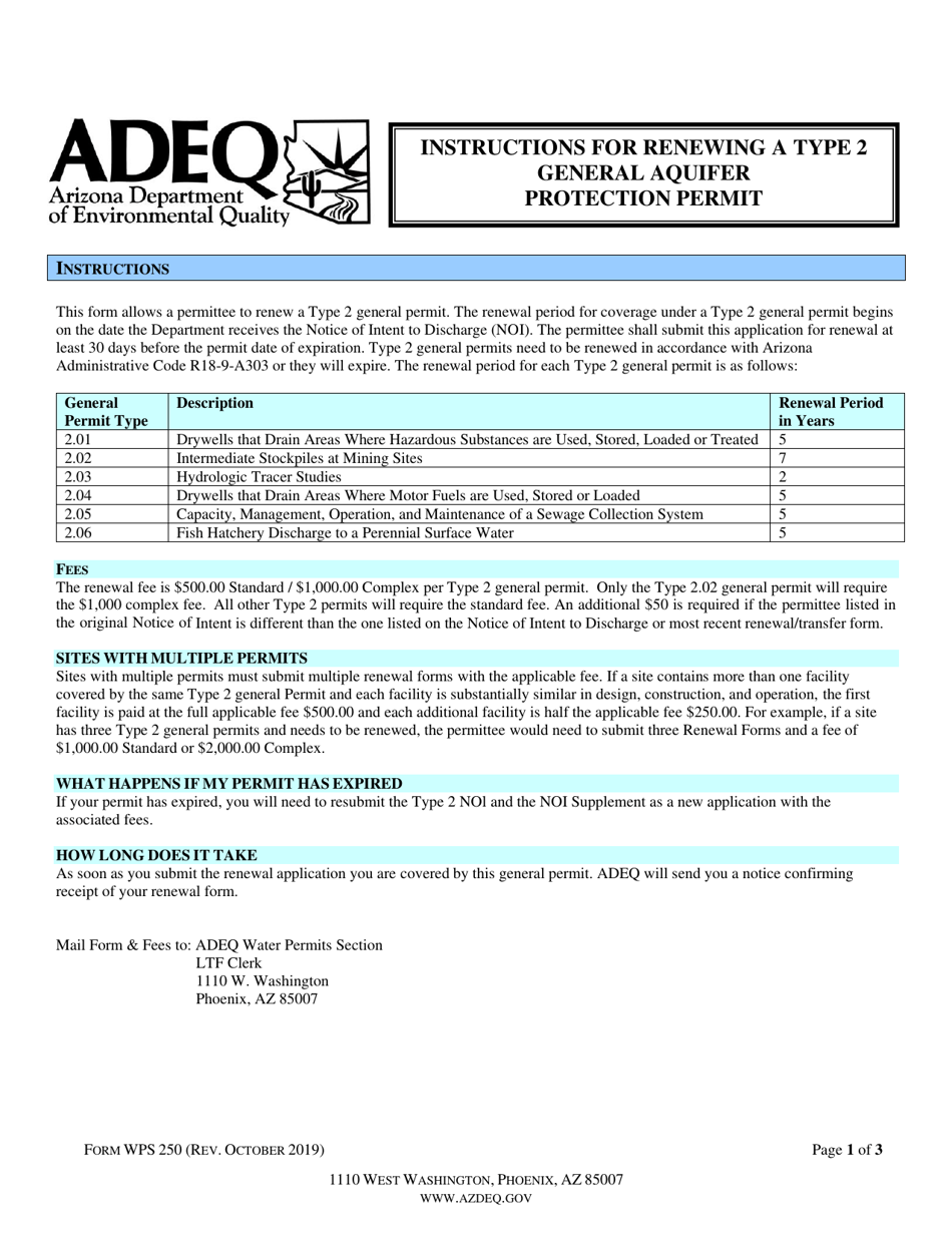 Form WPS250 Renewal Form for a Type 2 General Aquifer Protection Permit - Arizona, Page 1