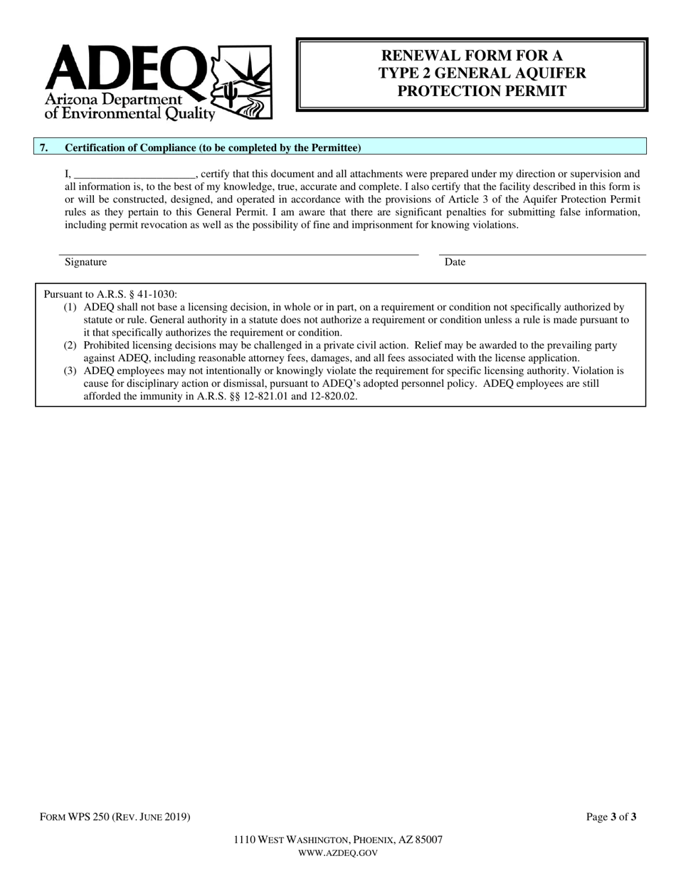 Form WPS250 Renewal Form for a Type 2 General Aquifer Protection Permit - Arizona, Page 3