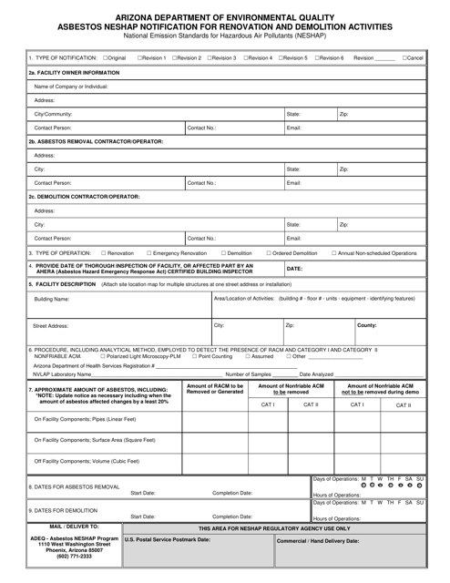 Asbestos Neshap Notification for Renovation and Demolition Activities - Arizona Download Pdf