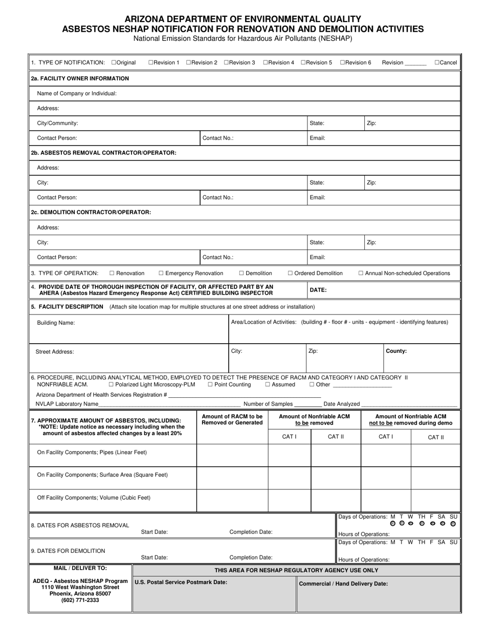 Arizona Asbestos Neshap Notification For Renovation And Demolition ...