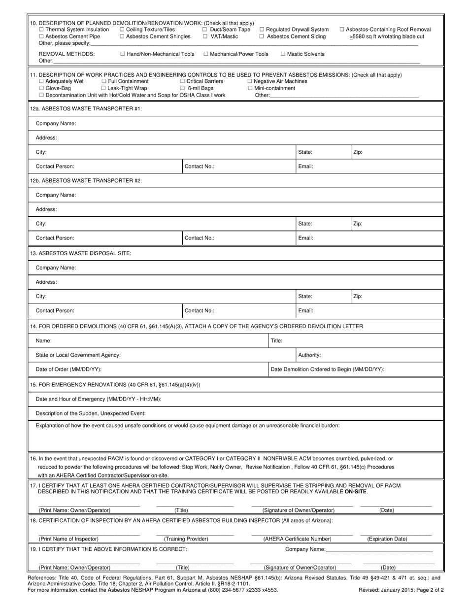 Arizona Asbestos Neshap Notification for Renovation and Demolition ...