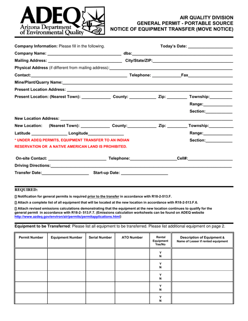 General Permit - Portable Source Notice of Equipment Transfer (Move Notice) - Arizona Download Pdf