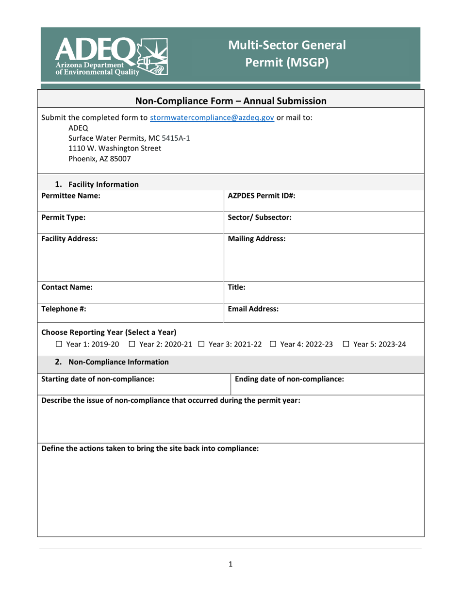 Non-compliance Form  Annual Submission - Arizona, Page 1