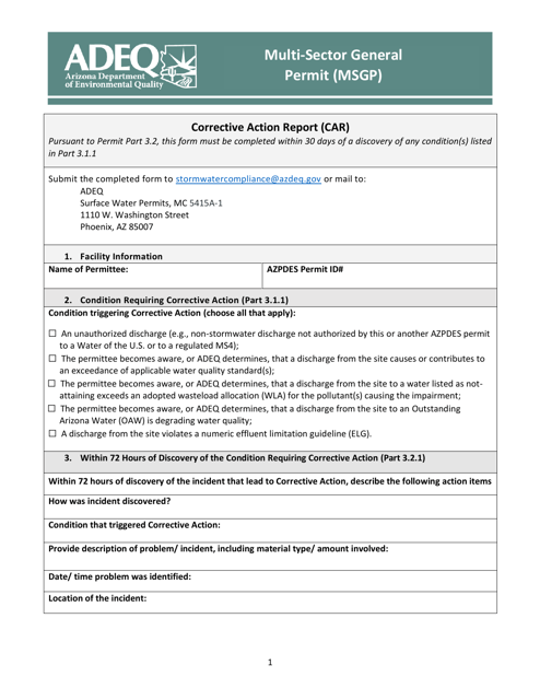 AZPDES Multi-Sector General Permit (Msgp) Compliance: Corrective Action Report (Car) - Arizona Download Pdf