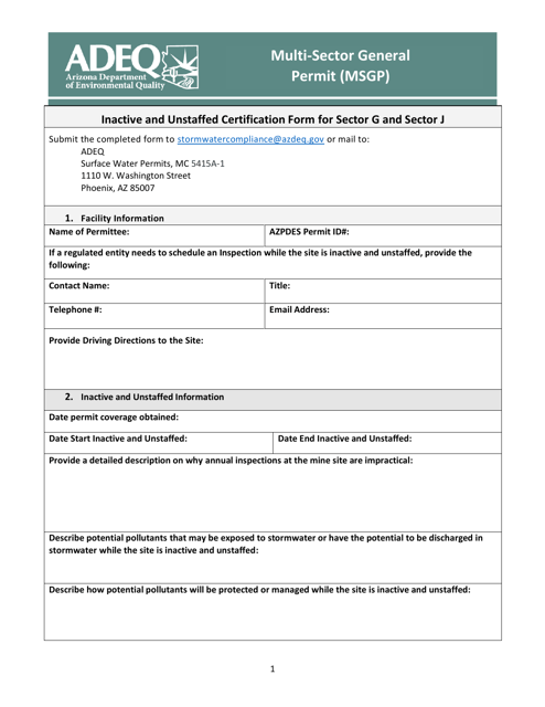 Inactive and Unstaffed Certification Form for Sector G and Sector J - Arizona Download Pdf