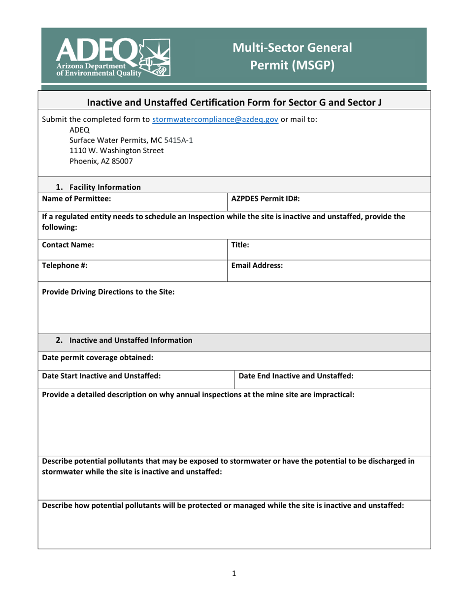 Inactive and Unstaffed Certification Form for Sector G and Sector J - Arizona, Page 1