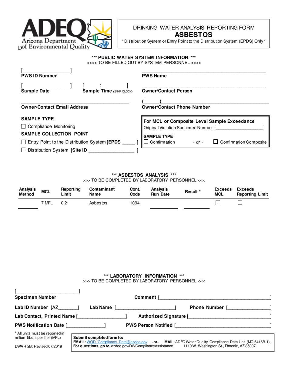 Form DWAR2B Drinking Water Analysis Reporting Form - Asbestos - Arizona, Page 1