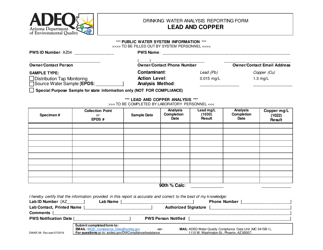 Form DWAR08 Drinking Water Analysis Reporting Form - Lead and Copper - Arizona