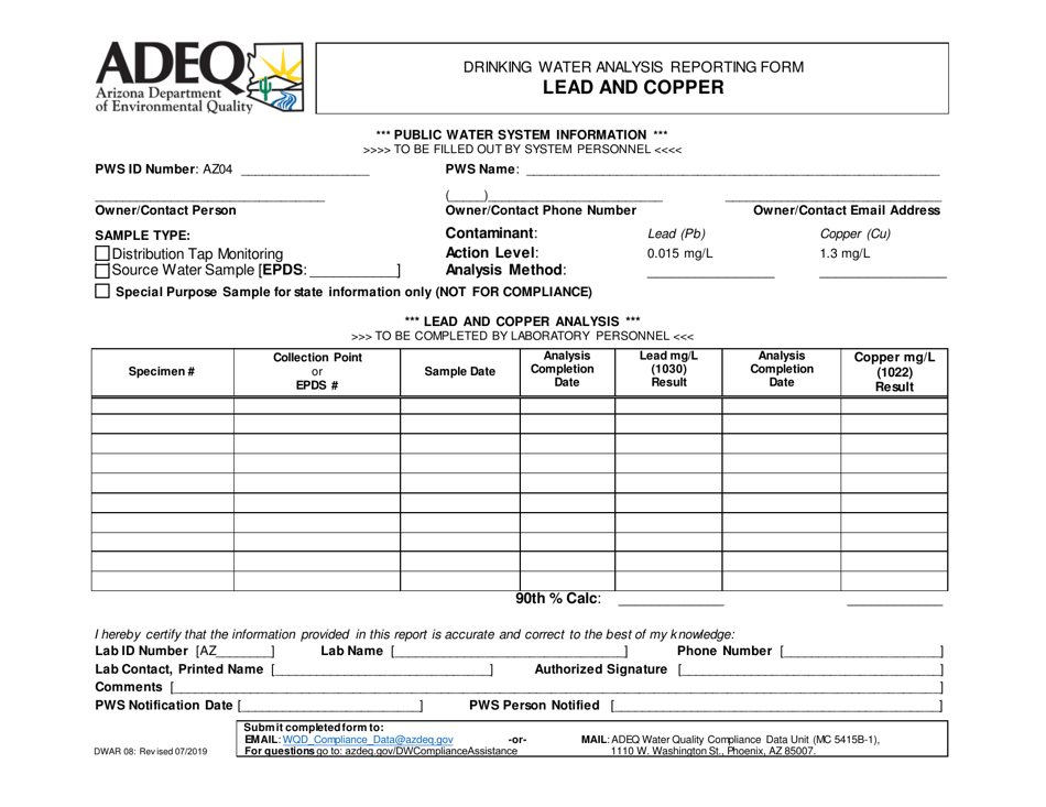 Form DWAR08 Drinking Water Analysis Reporting Form - Lead and Copper - Arizona, Page 1