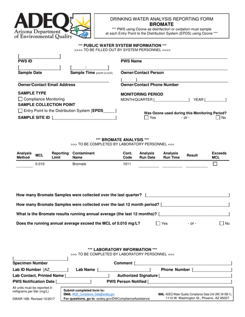 Form DWAR16B Drinking Water Analysis Reporting Form - Bromate - Arizona