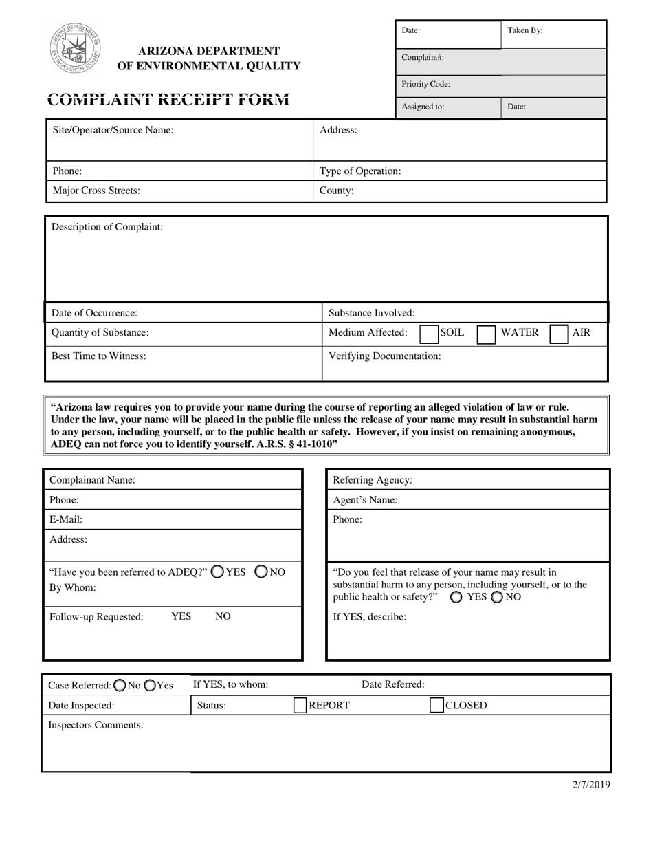 Complaint Receipt Form - Arizona, Page 1