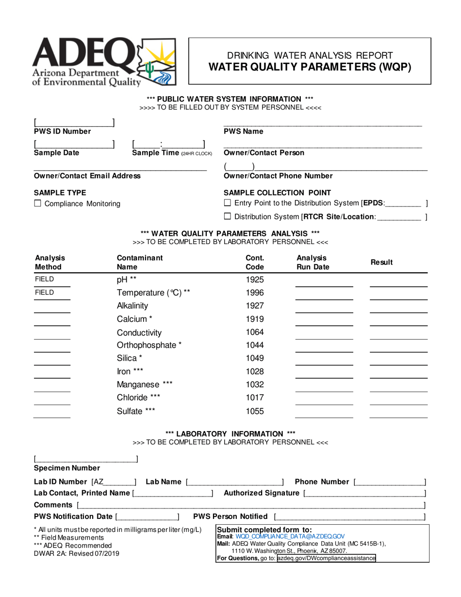 Form DWAR2A Drinking Water Analysis Report Water Quality Parameters (Wqp) - Arizona, Page 1