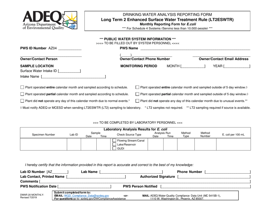 Form DWAR20 MONTHLY Long Term 2 Enhanced Surface Water Treatment Rule (Lt2eswtr) Monthly Reporting Form for E.coli for Schedule 4 Systems (Serving Less Than 10,000 People) - Arizona, Page 1