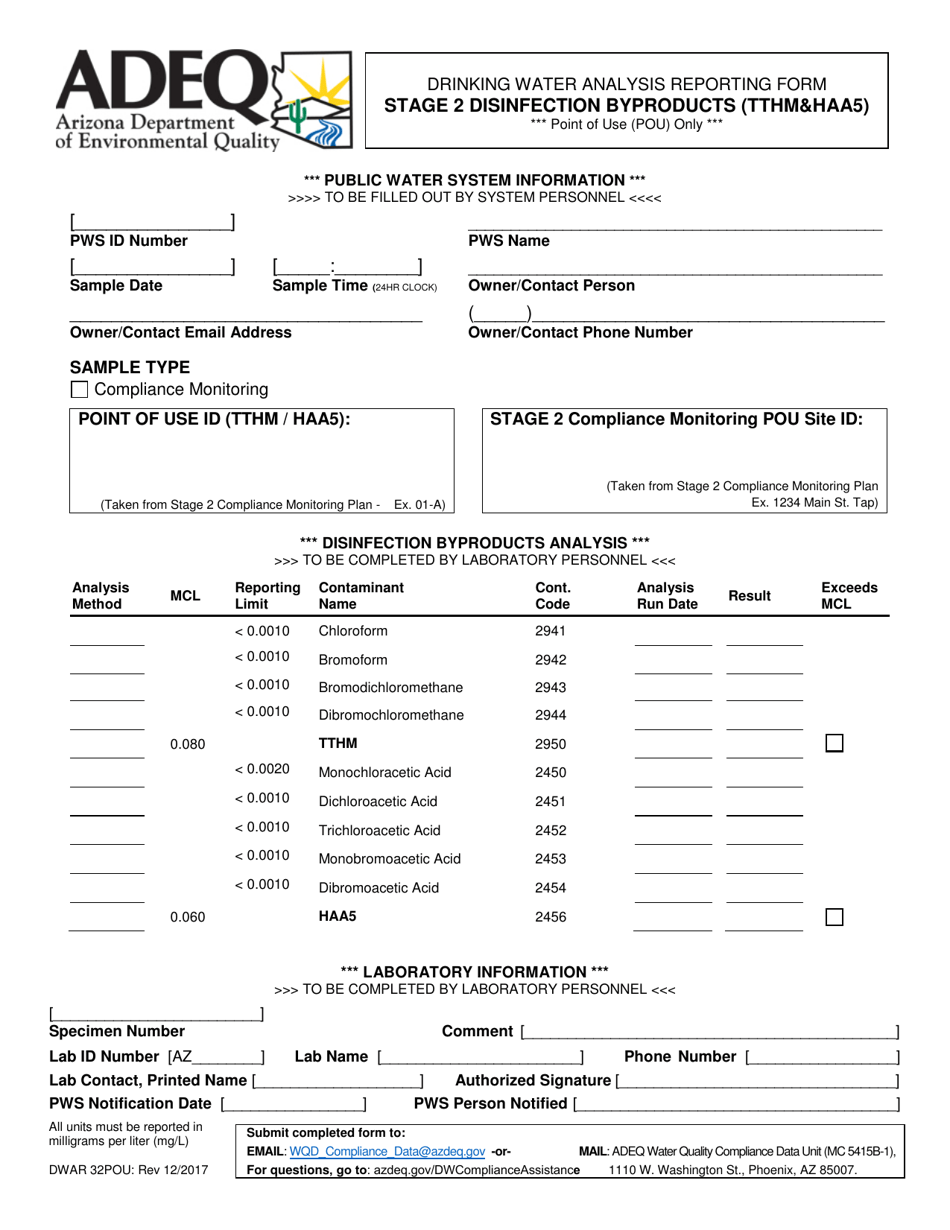 Form DWAR32POU Drinking Water Analysis Reporting Form Stage 2 Disinfection Byproducts (Tthmhaa5) - Arizona, Page 1
