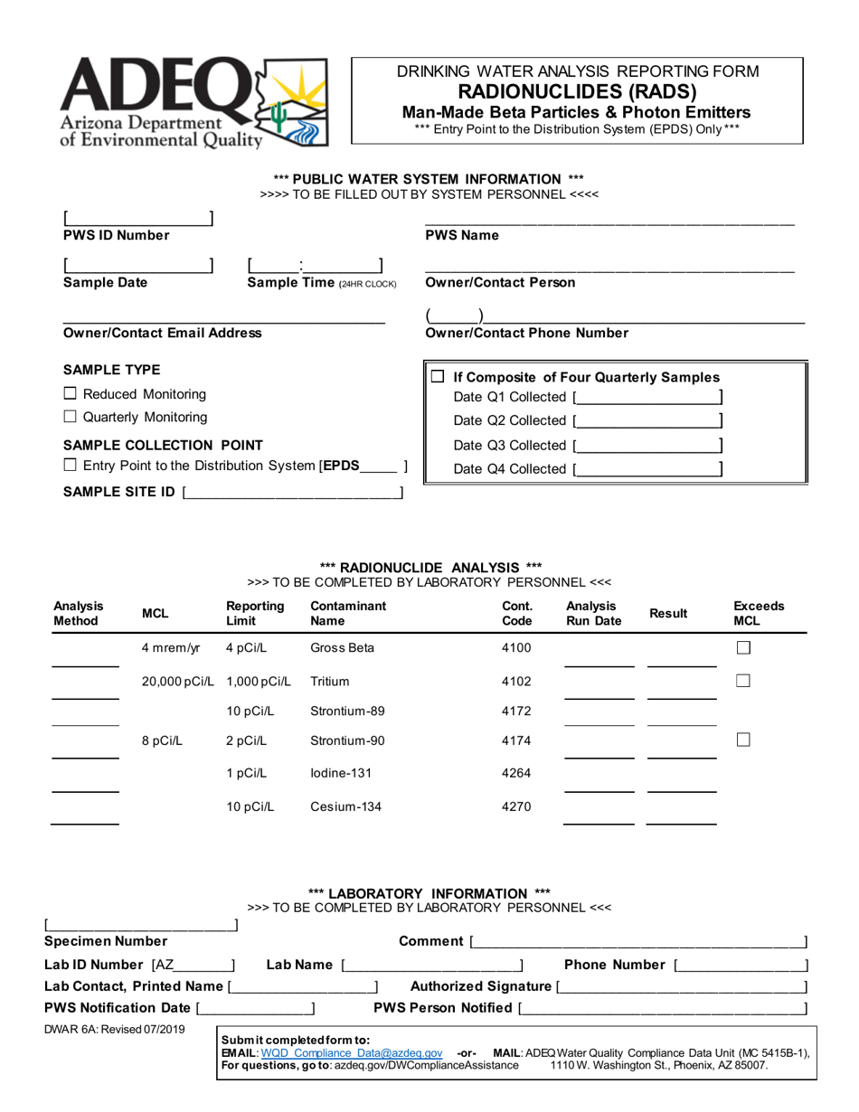 Form DWAR6A Drinking Water Analysis Reporting Form Radionuclides (Rads) Man-Made Beta Particles  Photon Emitters - Arizona, Page 1