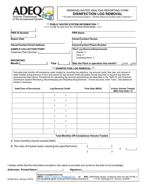 Form DWAR20UV Drinking Water Analysis Reporting Form - Disinfection Log Removal for Split Uv/Chemical Systems " Monthly Report for Surface Water Treatment - Arizona