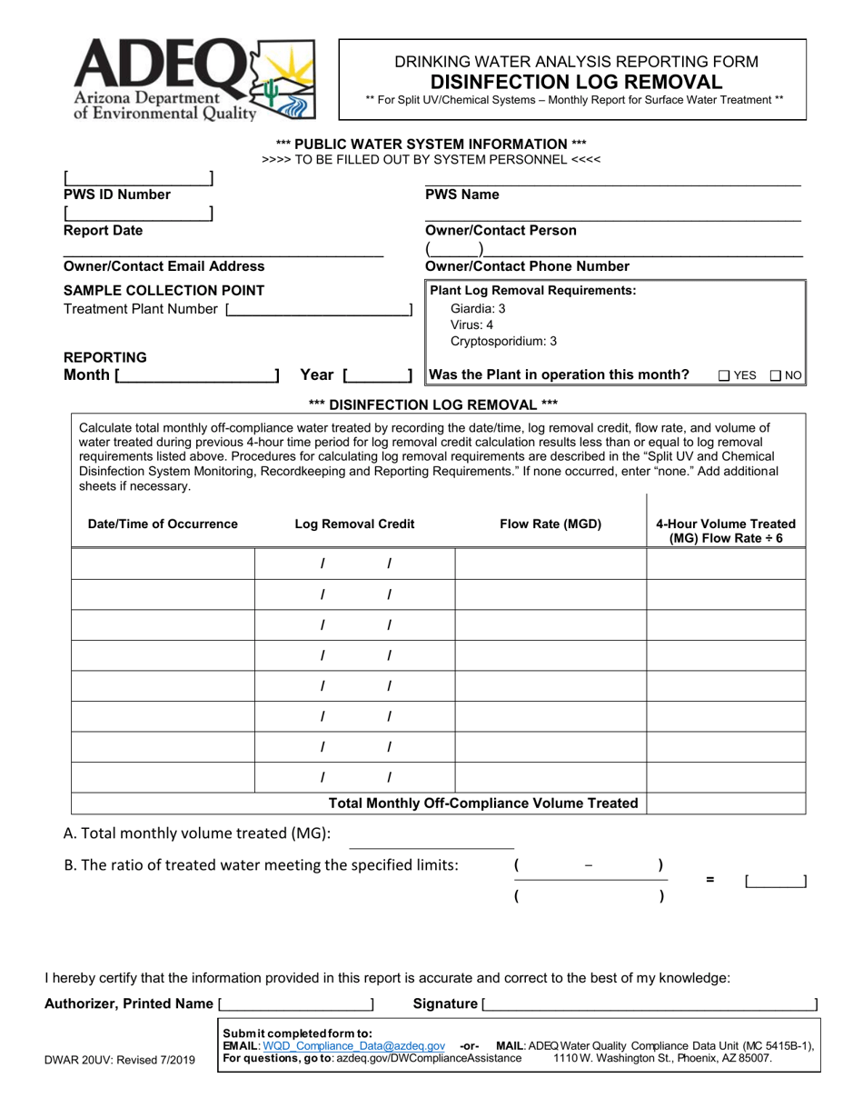 Form DWAR20UV Drinking Water Analysis Reporting Form - Disinfection Log Removal for Split Uv / Chemical Systems  Monthly Report for Surface Water Treatment - Arizona, Page 1