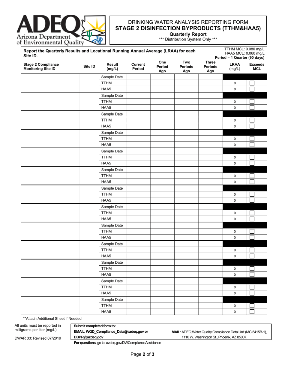 Form DWAR33 Drinking Water Analysis Reporting Form - Stage 2 Disinfection Byproducts (Tthmhaa5) Quarterly Report - Arizona, Page 2