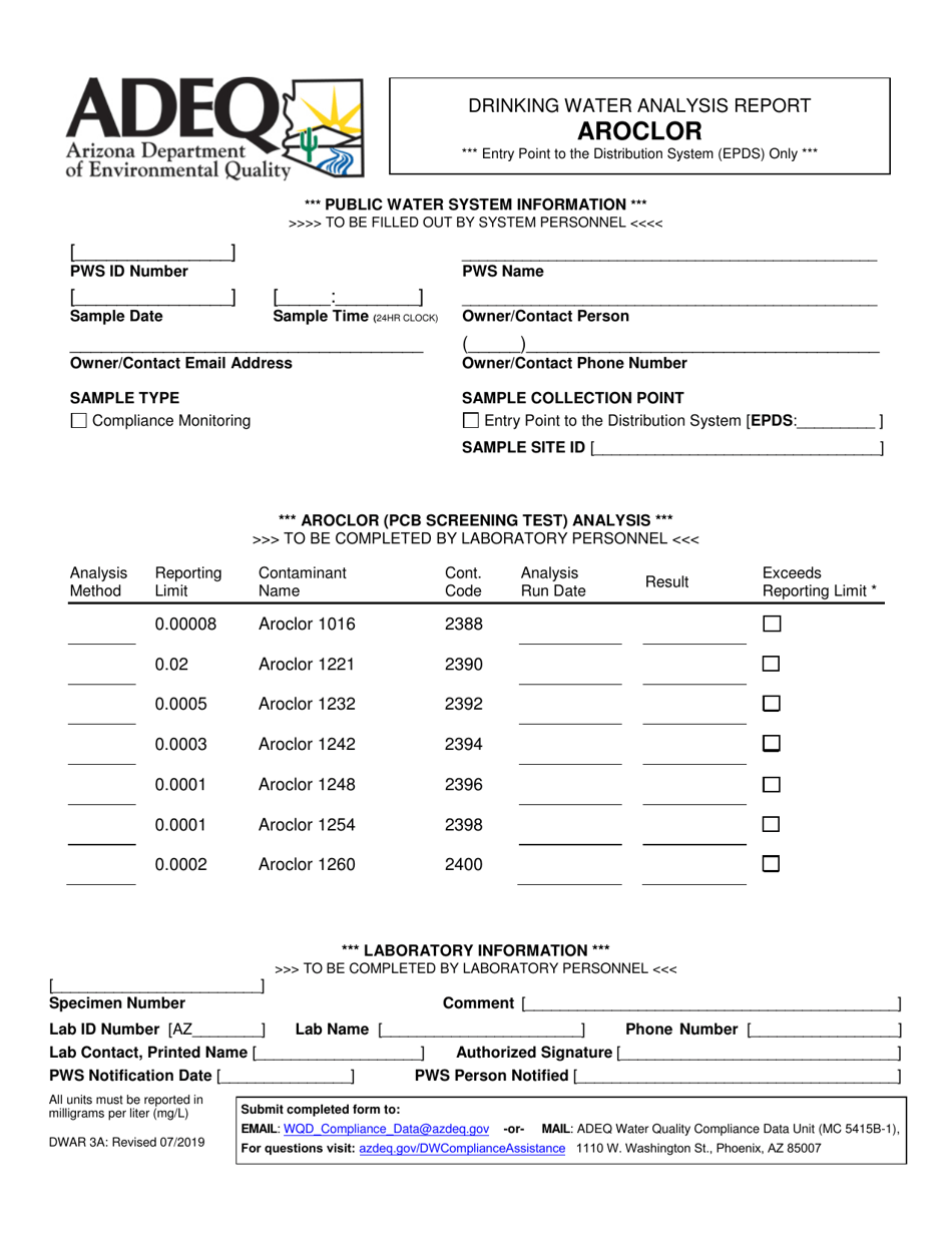 Form DWAR3A Drinking Water Analysis Report - Aroclor - Arizona, Page 1