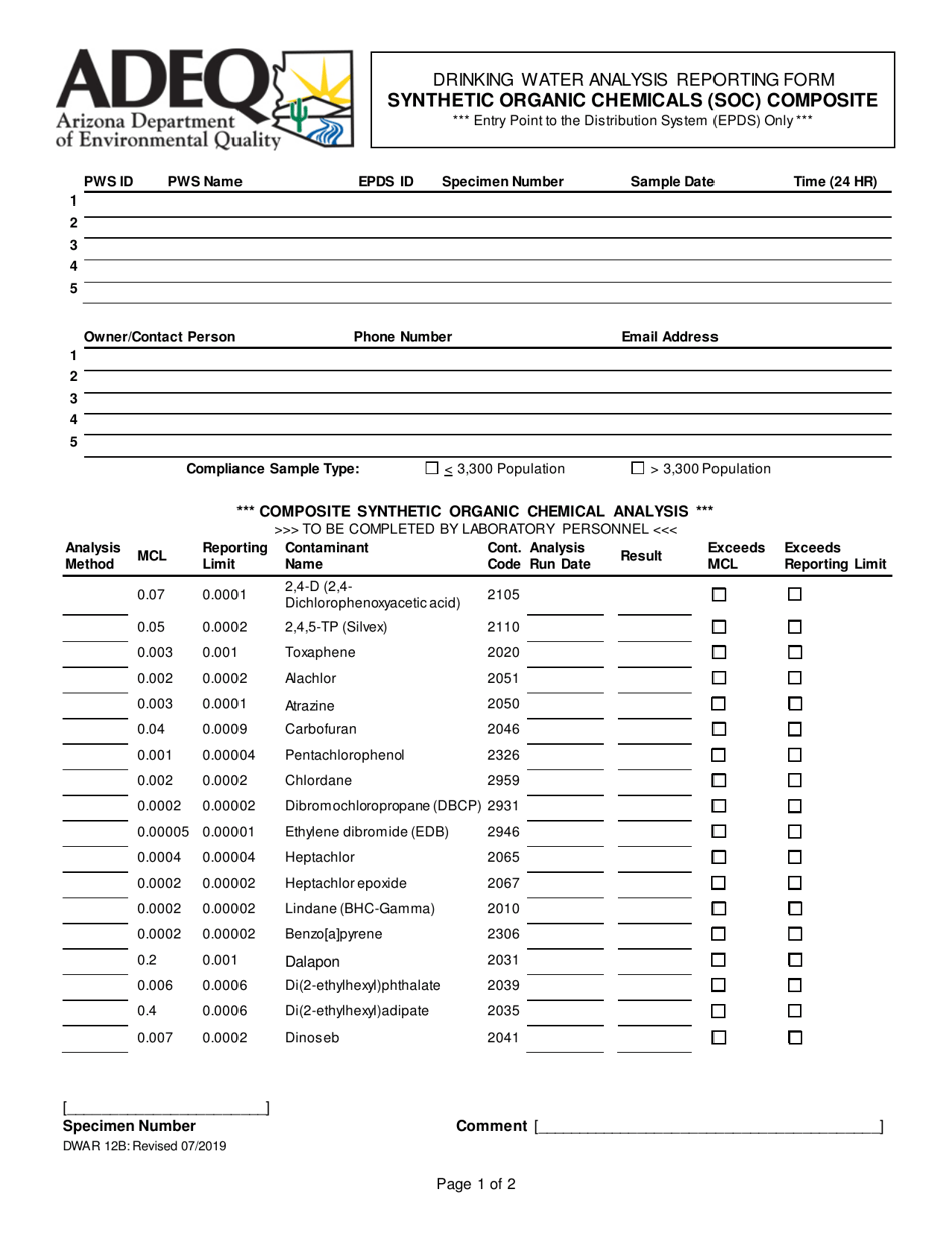 Form DWAR12B Drinking Water Analysis Reporting Form - Synthetic Organic Chemicals (Soc) Composite - Arizona, Page 1