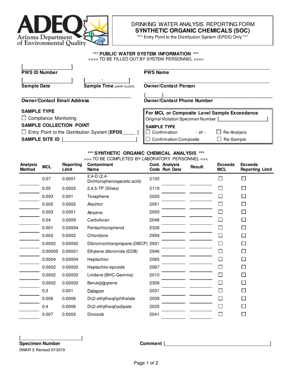 Form DWAR3 Drinking Water Analysis Reporting Form - Synthetic Organic Chemicals (Soc) - Arizona, Page 1