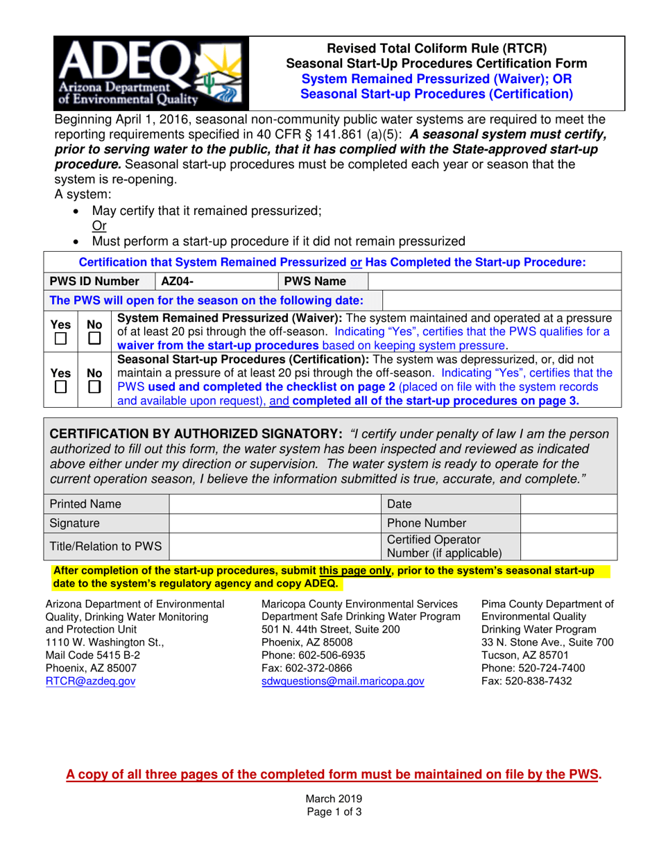 Revised Total Coliform Rule (Rtcr) Seasonal Start-Up Procedures Certification Form - Arizona, Page 1