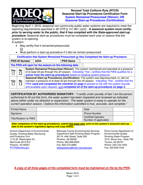 Revised Total Coliform Rule (Rtcr) Seasonal Start-Up Procedures Certification Form - Arizona Download Pdf