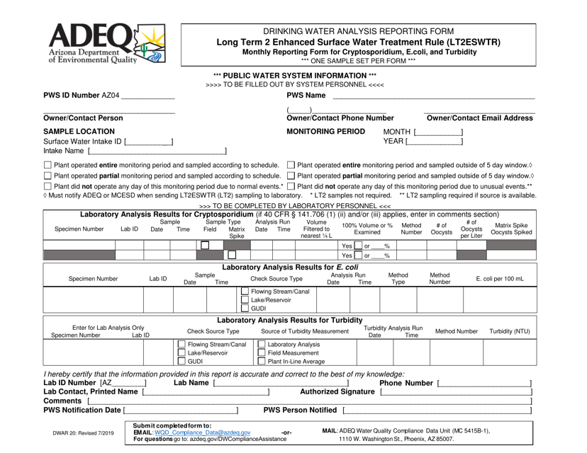 ADEQ Form DWAR20 Long Term 2 Enhanced Surface Water Treatment Rule (Lt2eswtr) Monthly Reporting Form for Cryptosporidium, E.coli, and Turbidity - Arizona