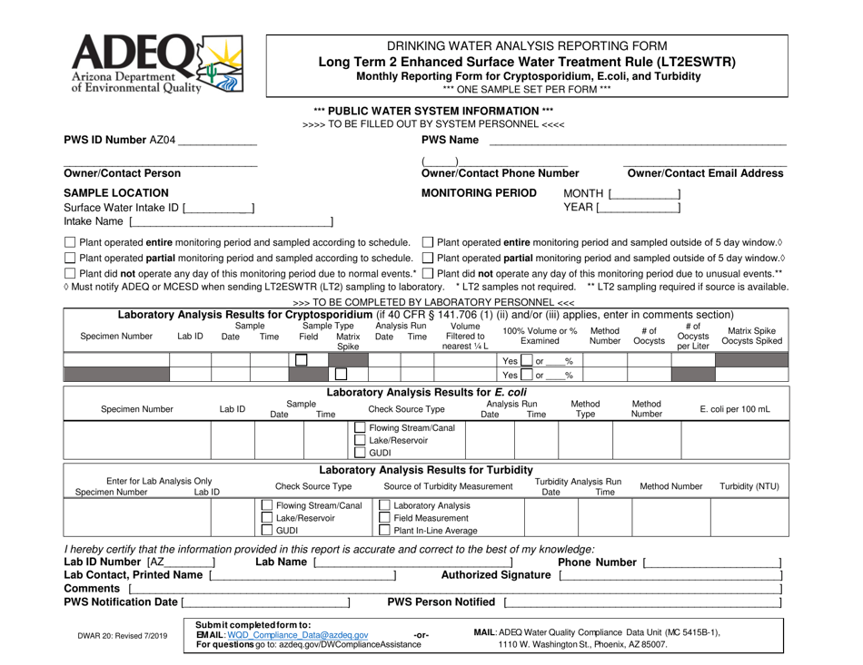 ADEQ Form DWAR20 Long Term 2 Enhanced Surface Water Treatment Rule (Lt2eswtr) Monthly Reporting Form for Cryptosporidium, E.coli, and Turbidity - Arizona, Page 1
