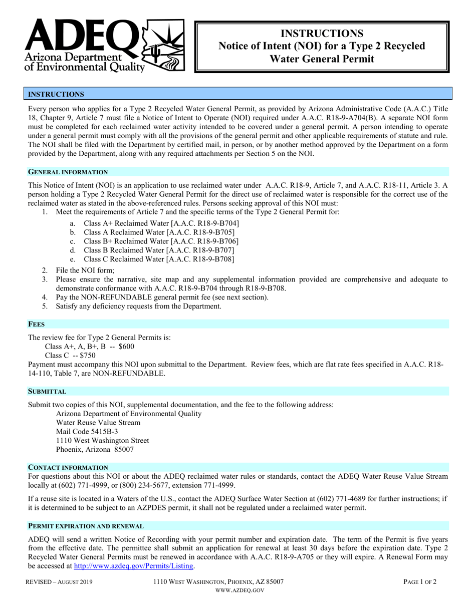 Notice of Intent (Noi) for a Type 2 Recycled Water General Permit - Arizona, Page 1