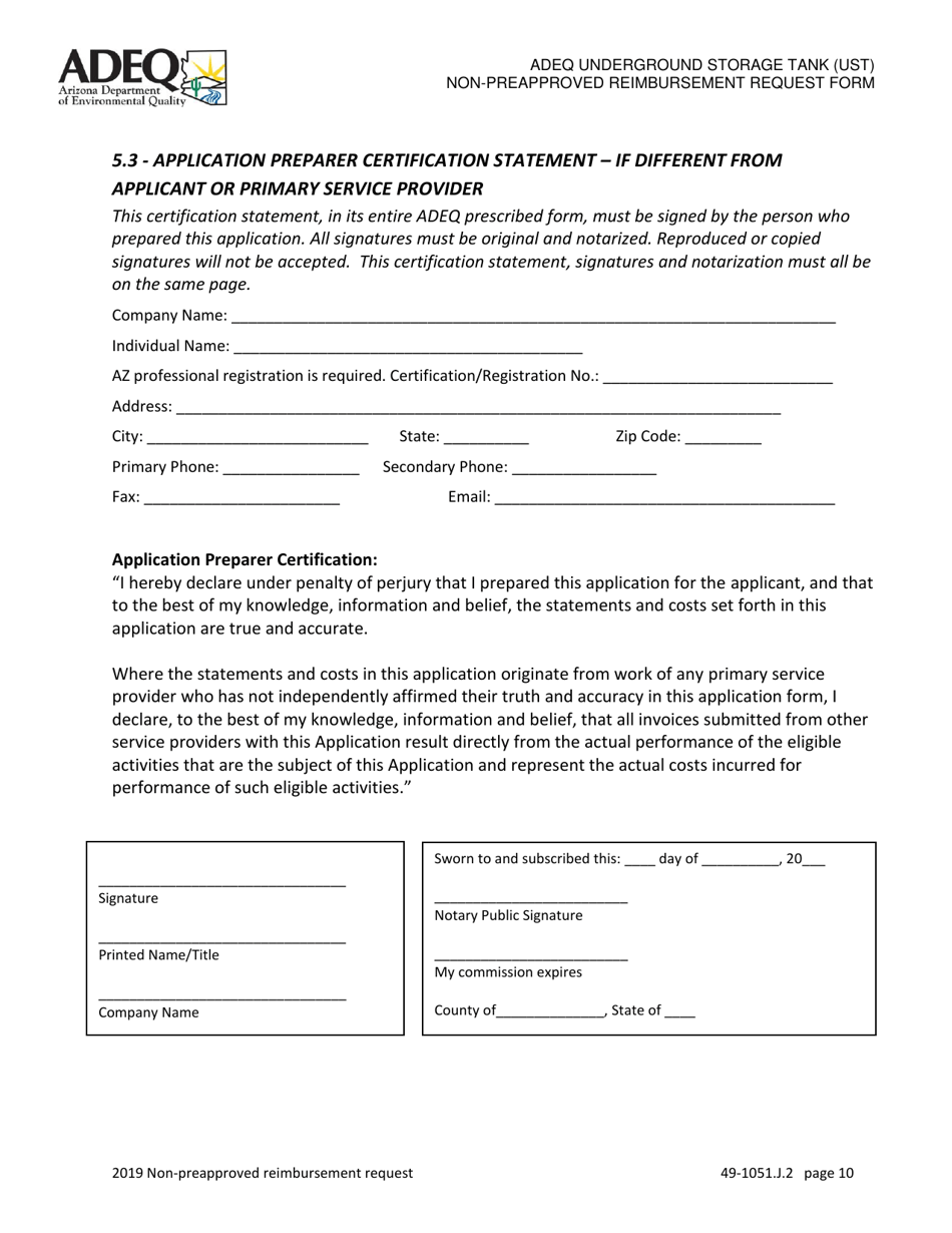 Ust Program Non-preapproved Reimbursement Request Under Arizona Revised Statutes (A.r.s.) 49-1051(J)(2) - Arizona, Page 10