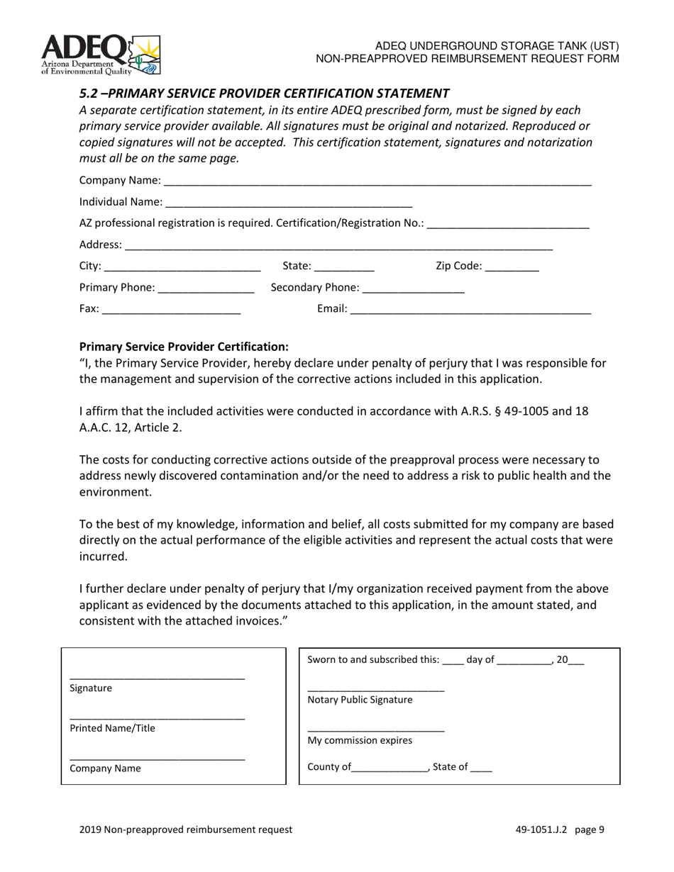 Ust Program Non-preapproved Reimbursement Request Under Arizona Revised Statutes (A.r.s.) 49-1051(J)(2) - Arizona, Page 9