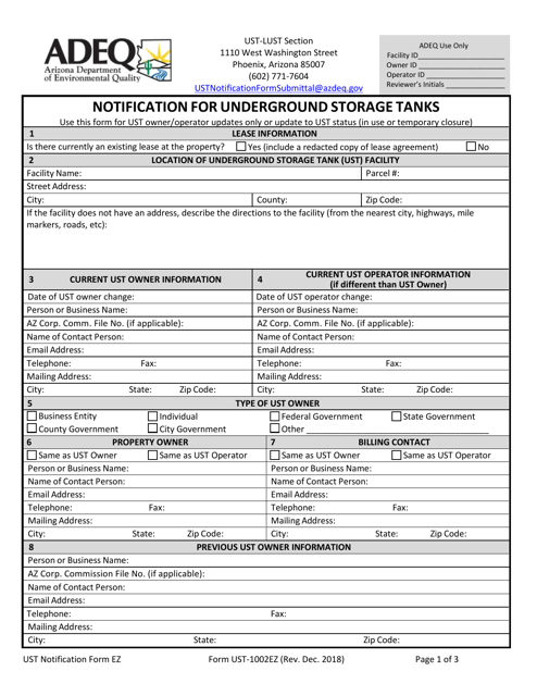 Form UST-1002EZ Notification for Underground Storage Tanks - Arizona