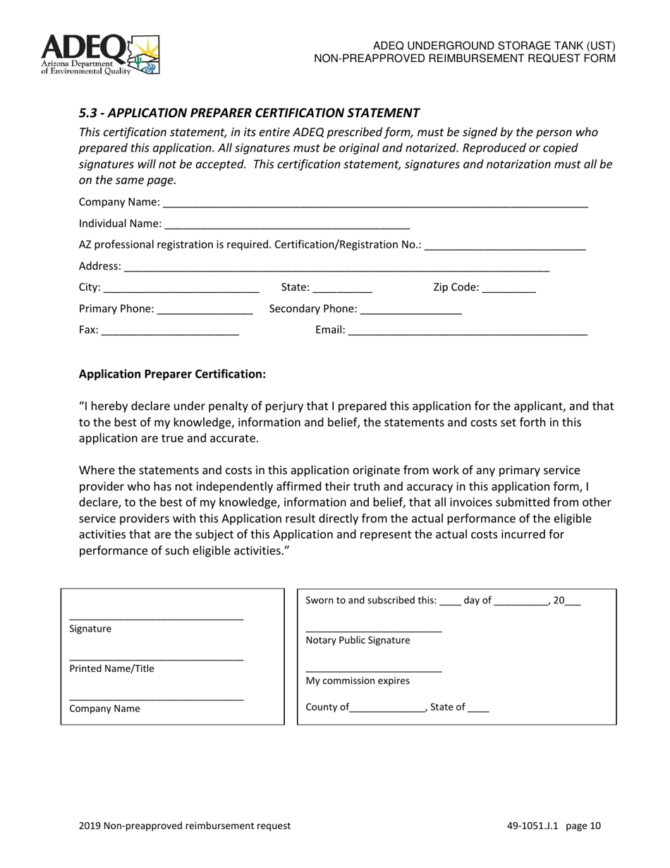 Ust Program Non-preapproved Reimbursement Request Under Arizona Revised Statutes (A.r.s.) 49-1051(J)(1) - Arizona, Page 10