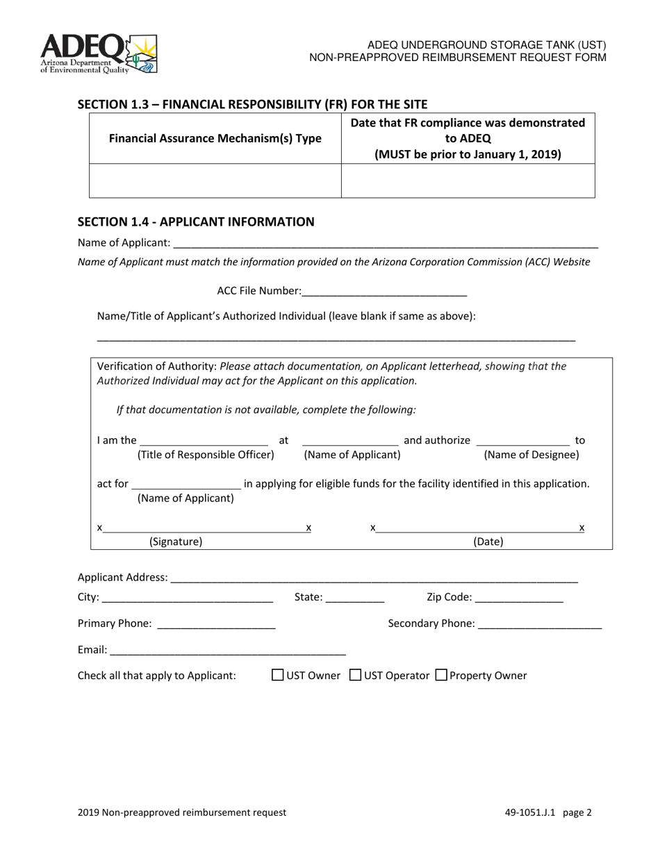 Ust Program Non-preapproved Reimbursement Request Under Arizona Revised Statutes (A.r.s.) 49-1051(J)(1) - Arizona, Page 2