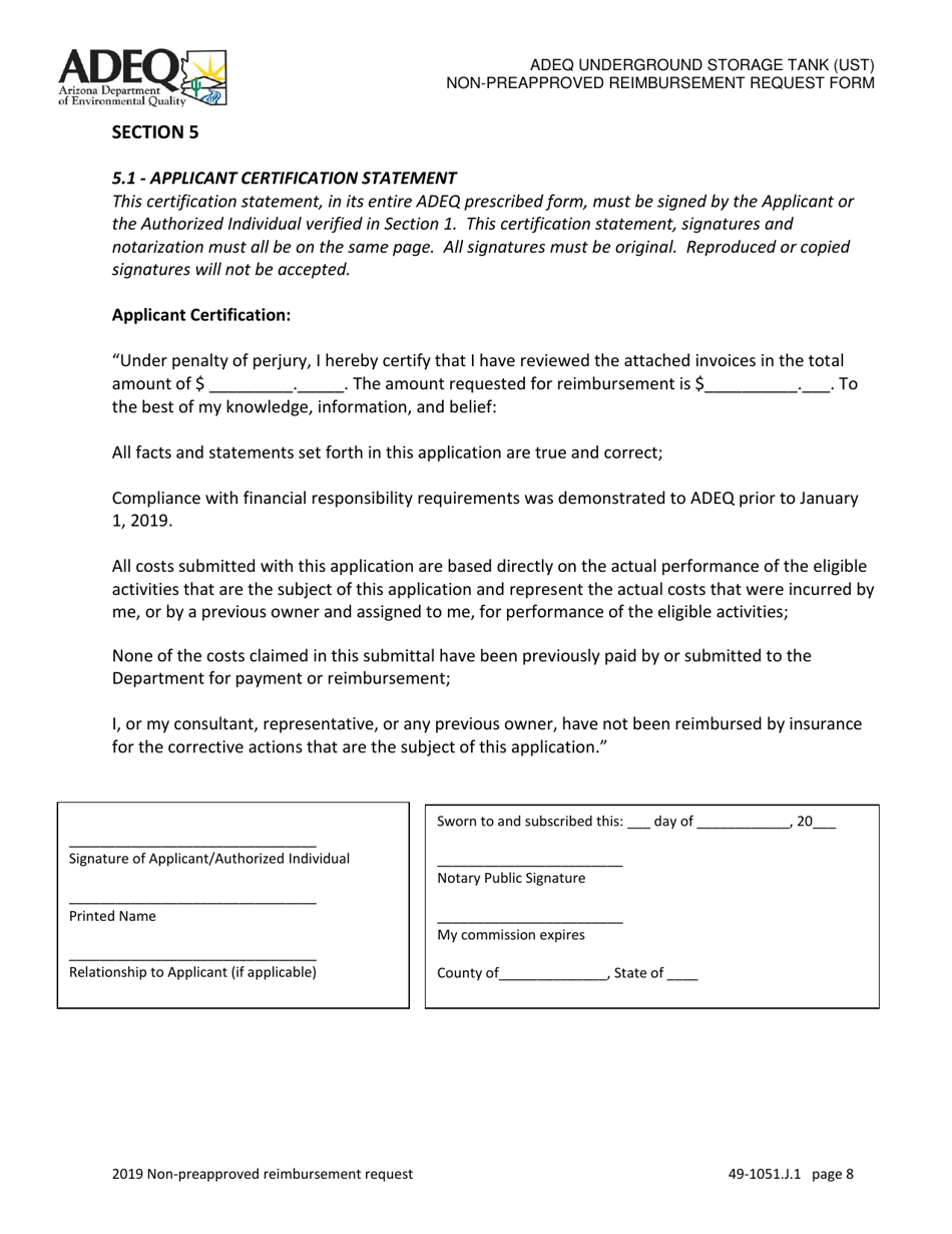 Ust Program Non-preapproved Reimbursement Request Under Arizona Revised Statutes (A.r.s.) 49-1051(J)(1) - Arizona, Page 8