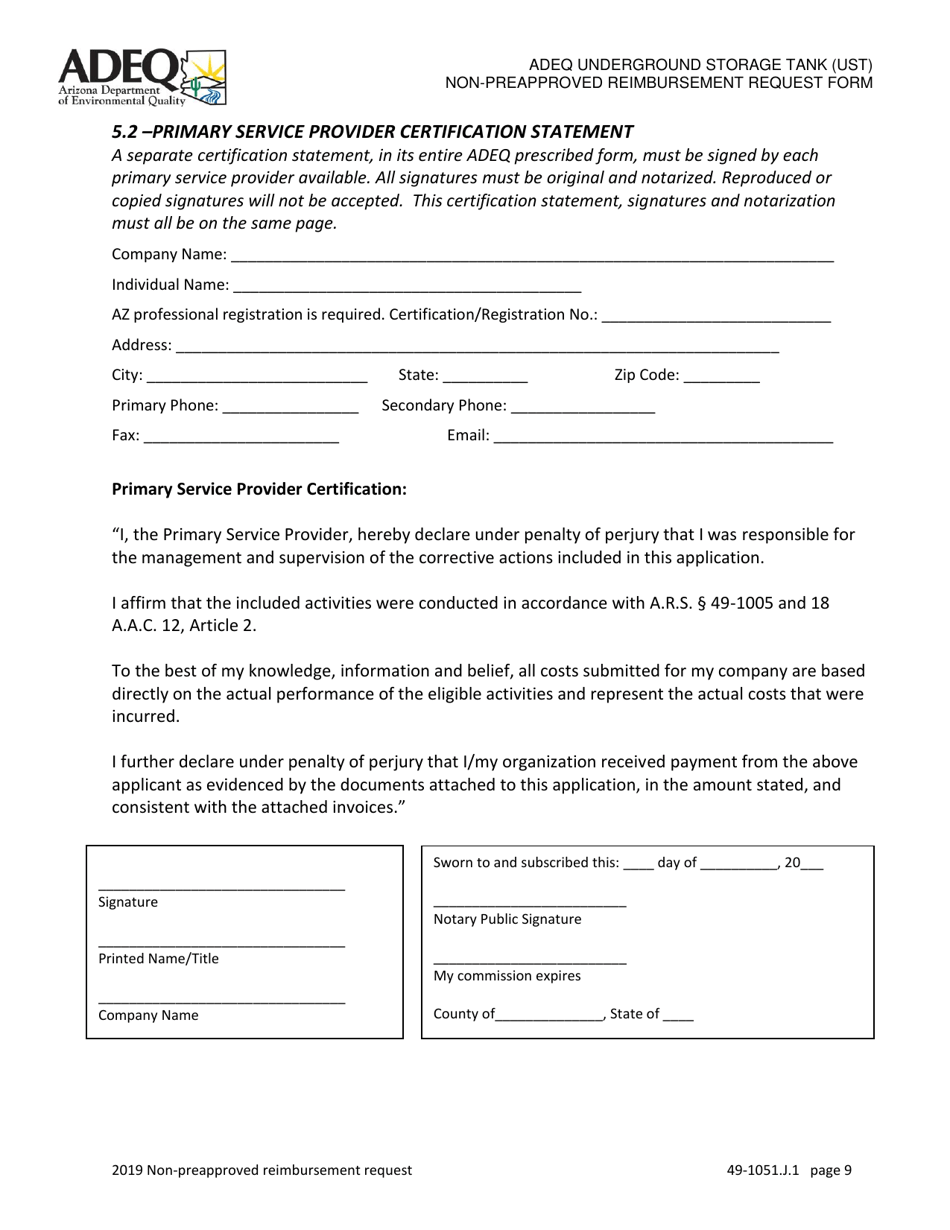 Ust Program Non-preapproved Reimbursement Request Under Arizona Revised Statutes (A.r.s.) 49-1051(J)(1) - Arizona, Page 9