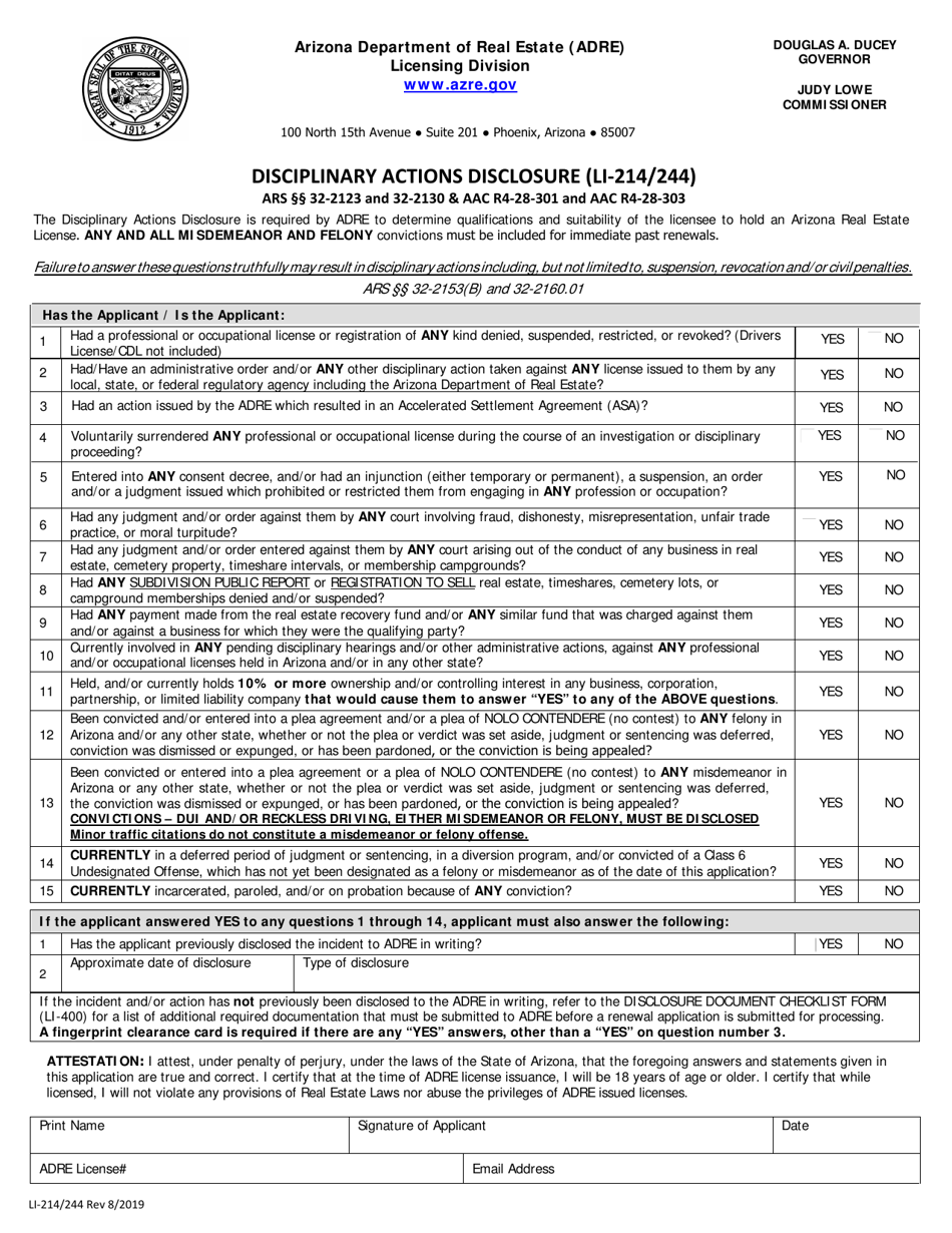 Form LI-214 / 244 Disciplinary Actions Disclosure - Arizona, Page 1