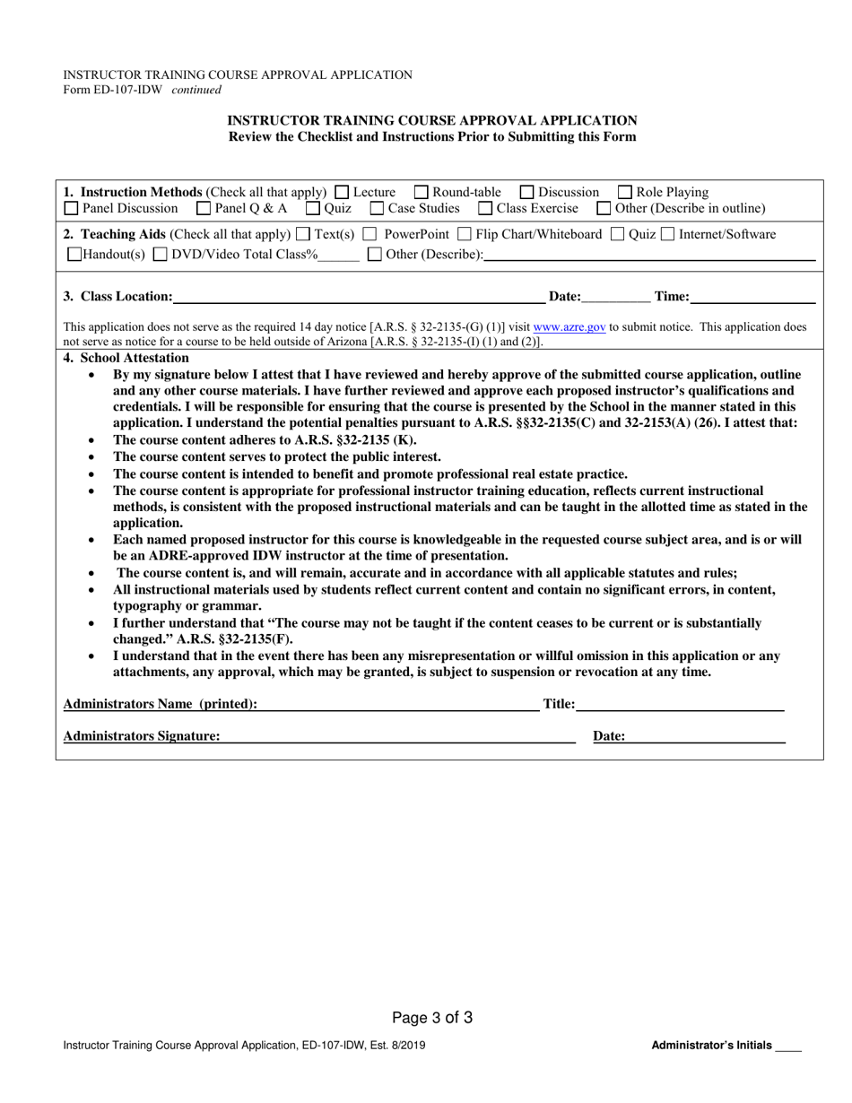 Form ED-107-IDW Instructor Training Course Approval Application - Arizona, Page 5