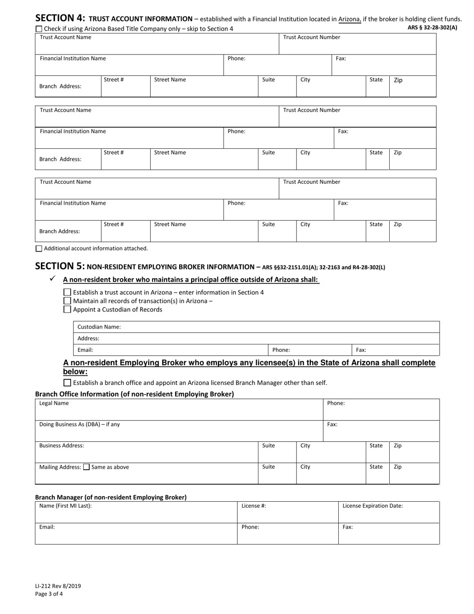 Form LI-212 Entity / Employing Broker License Application - Arizona, Page 3