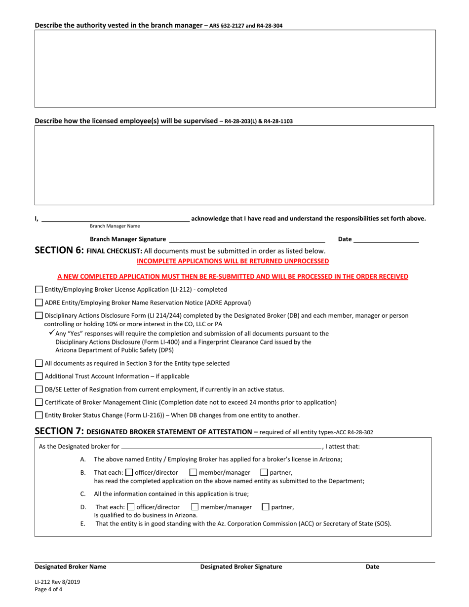 Form LI-212 Entity / Employing Broker License Application - Arizona, Page 4