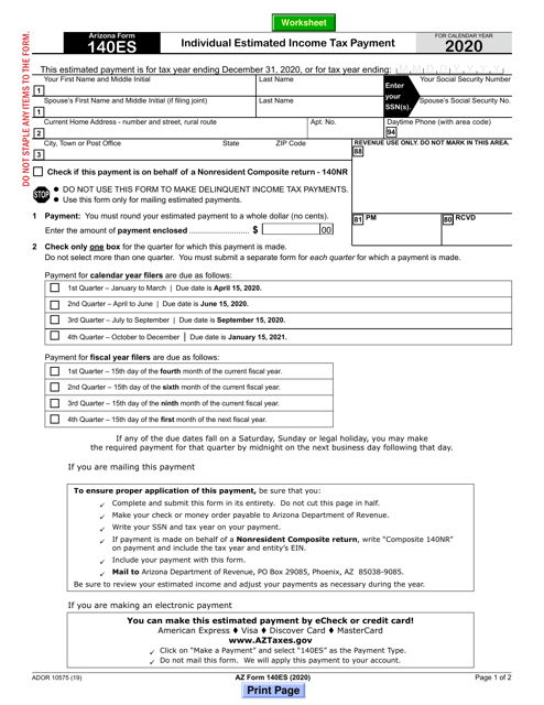 Arizona Form 140ES (ADOR10575) 2020 Printable Pdf