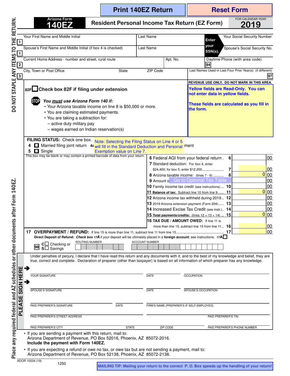Arizona Form 140EZ (ADOR10534) Resident Personal Income Tax Return (Ez Form) - Arizona, Page 1