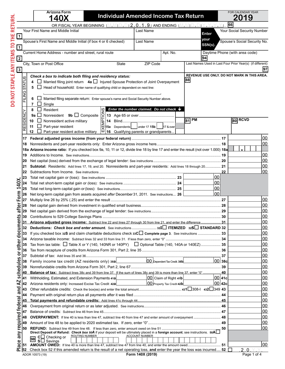 Arizona Form 140X (ADOR10573) Individual Amended Income Tax Return - Arizona, Page 1