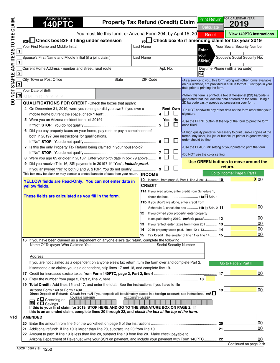 Arizona Form 140PTC (ADOR10567) Property Tax Refund (Credit) Claim - Arizona, Page 1